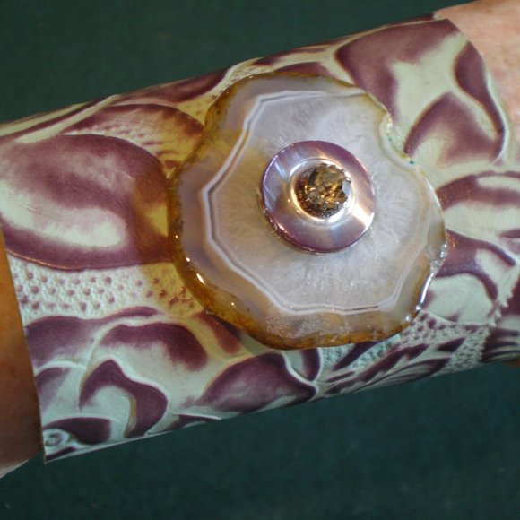 One of a Kind Wide Embossed Leather Cuff with Gorgeous Agate and more - Picture 1 of 5